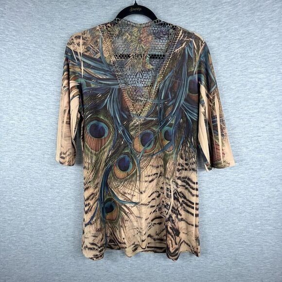 Patchington Womens Blouse Medium 3/4 Sleeve Peacock Feather Crochet Sparkle Boho - Picture 3 of 8